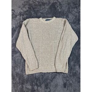 VTG JOHN WEITZ Mens XL Tan Cable Knit Sweater Made in USA 100% Cotton Crew Neck